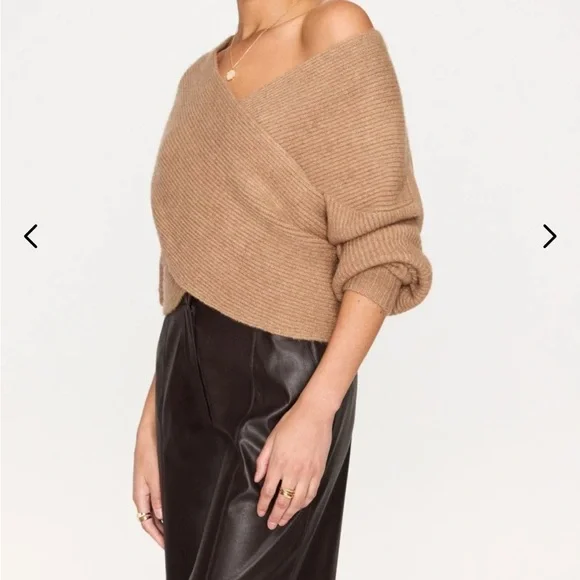 Brochu Walker Camel Ribbed Crossover Knit Wool Blend Sweater Top